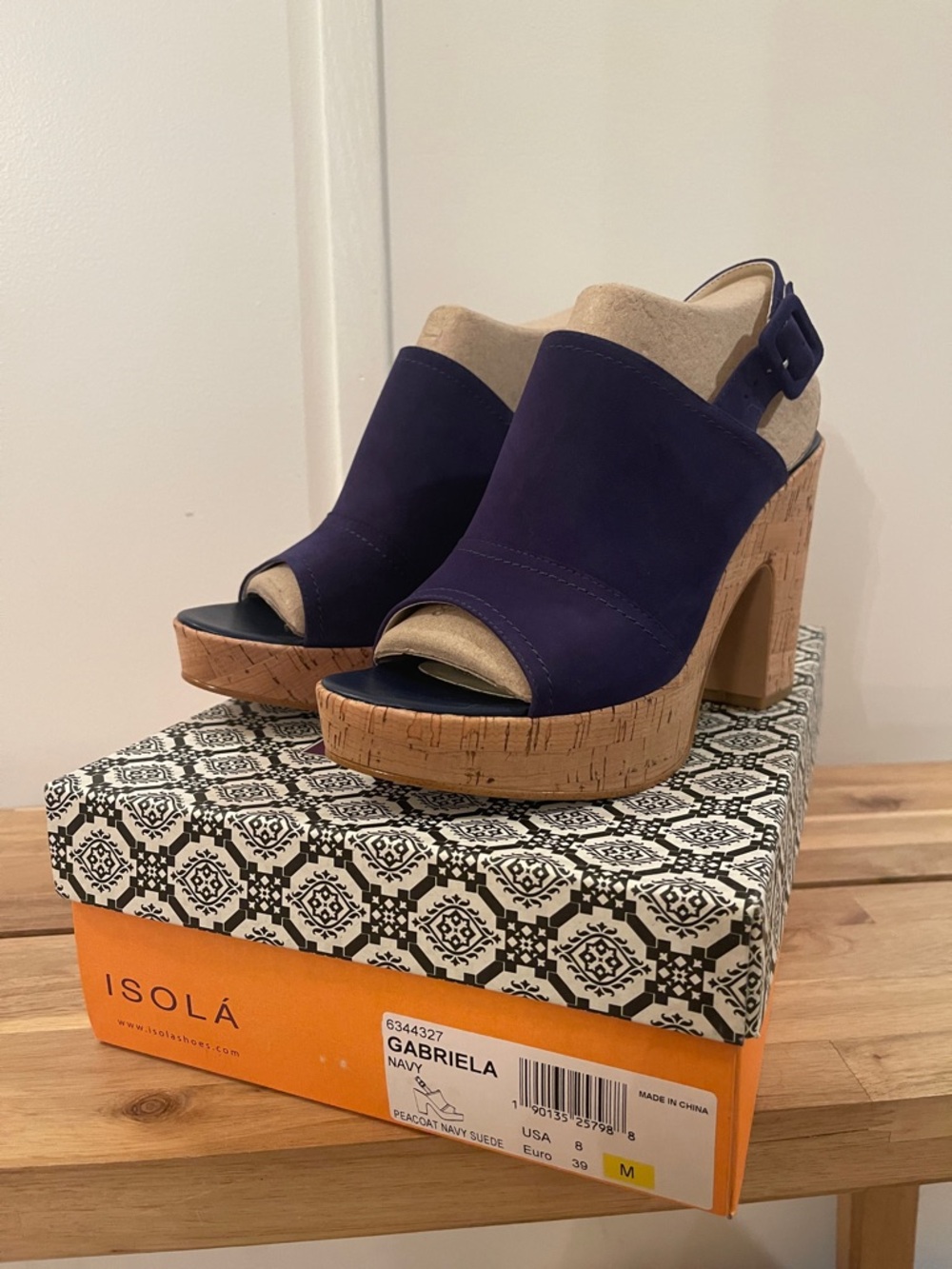 Isola Gabriela Peacoat Navy Suede Cork Platform Sandal NWB Size 8/Euro 39 M
